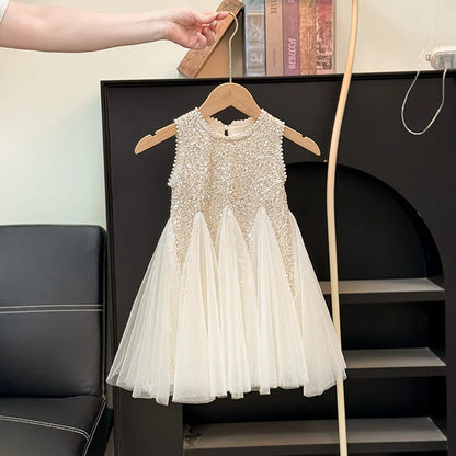 Summer Girls Tulle Dress Princess Sequined Puff Mesh Gown Kids Birthday Party Vestidos Children Casual Fashion Clothes 2-10Y