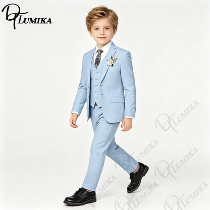 Handsome Linen Boys Suit 4-Piece Set with Floral Bow Tie 2026 Classic Formal Blazer Vest Pants for Ring Bearer Wedding Party