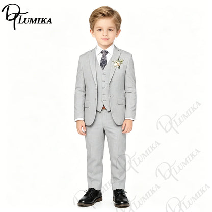 Handsome Linen Boys Suit 4-Piece Set with Floral Bow Tie 2026 Classic Formal Blazer Vest Pants for Ring Bearer Wedding Party