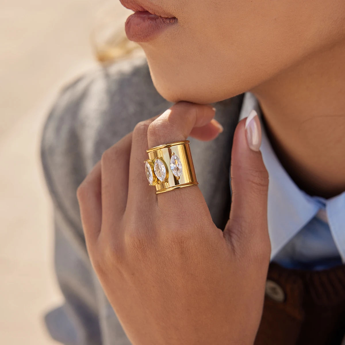 Youthway Delicate Horse Eye Shape Zircon Open Ring For Women 18K Gold PVD Plated Stainless Steel Ring Fashion Jewelry Gift