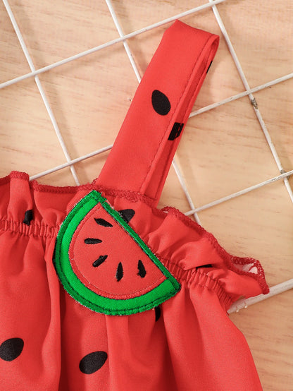 Baby Girl Watermelon Three-Piece Set: Suspender Dress, Shorts, Headband, Summer Cute Fruit-Themed Outfit