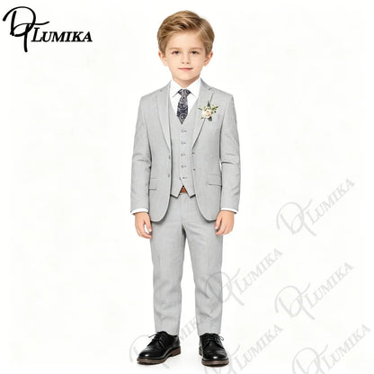 Handsome Linen Boys Suit 4-Piece Set with Floral Bow Tie 2026 Classic Formal Blazer Vest Pants for Ring Bearer Wedding Party