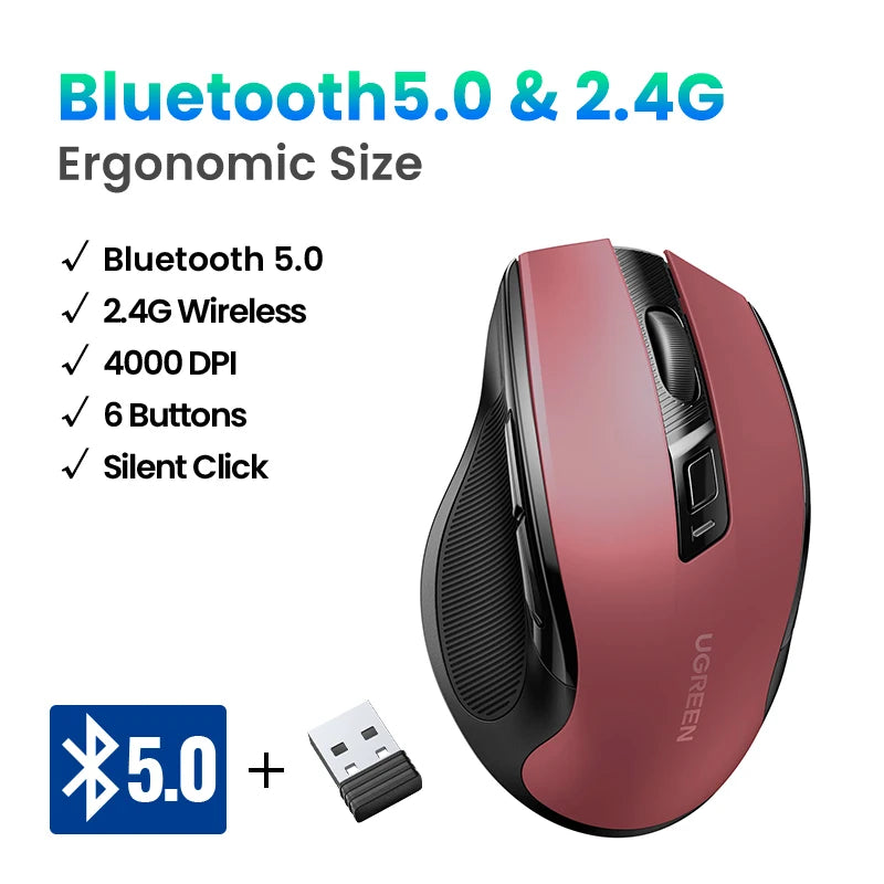 UGREEN Ergonomic Mouse, 6-Button Wireless 2.4G Bluetooth Dual Mode, 5-Level 4000 DPI Adjustable , Silent Click for PC Laptop